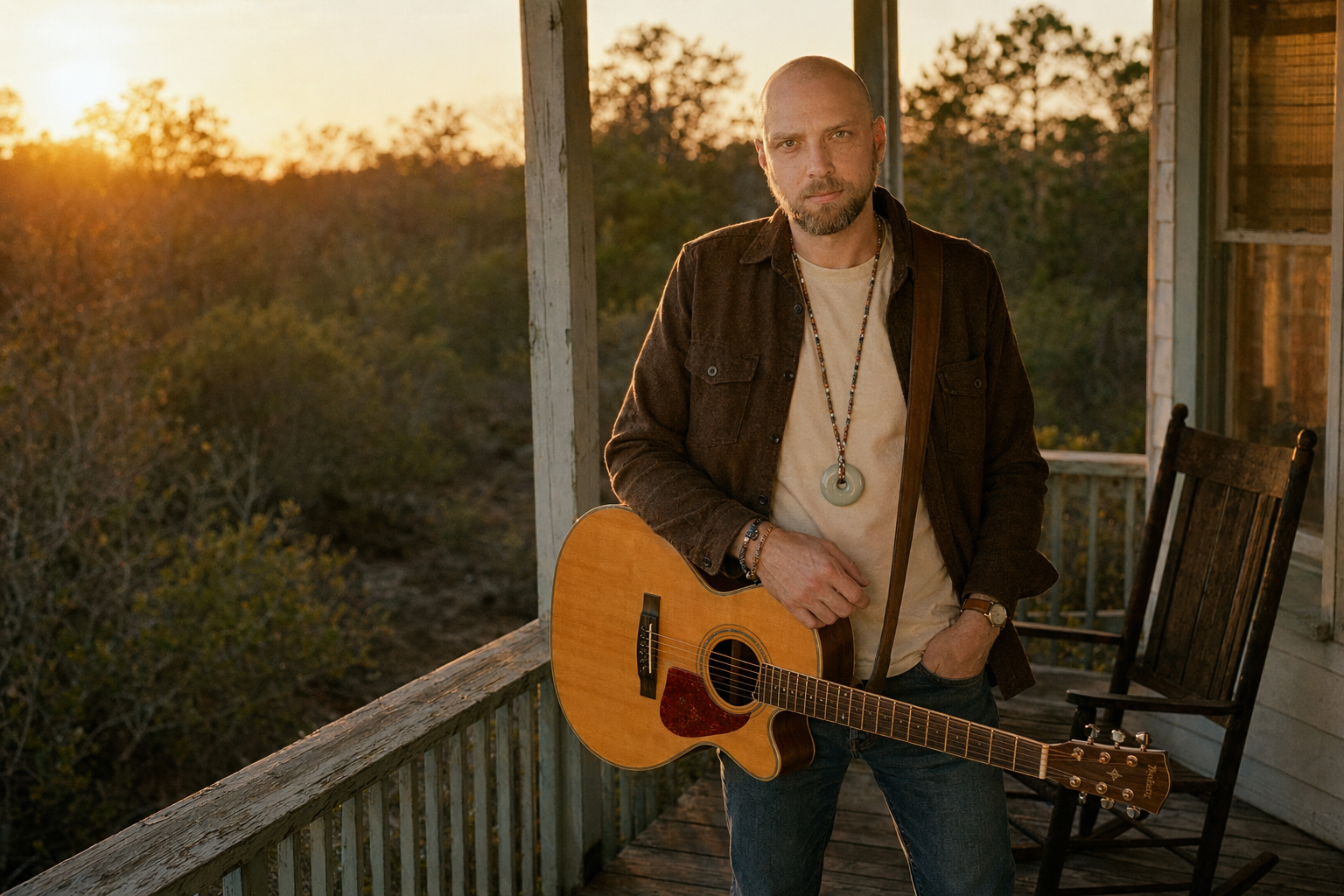 Brad Floyd on a porch at golden hour, reflective, soft warm light — alt-country songwriter, Florida