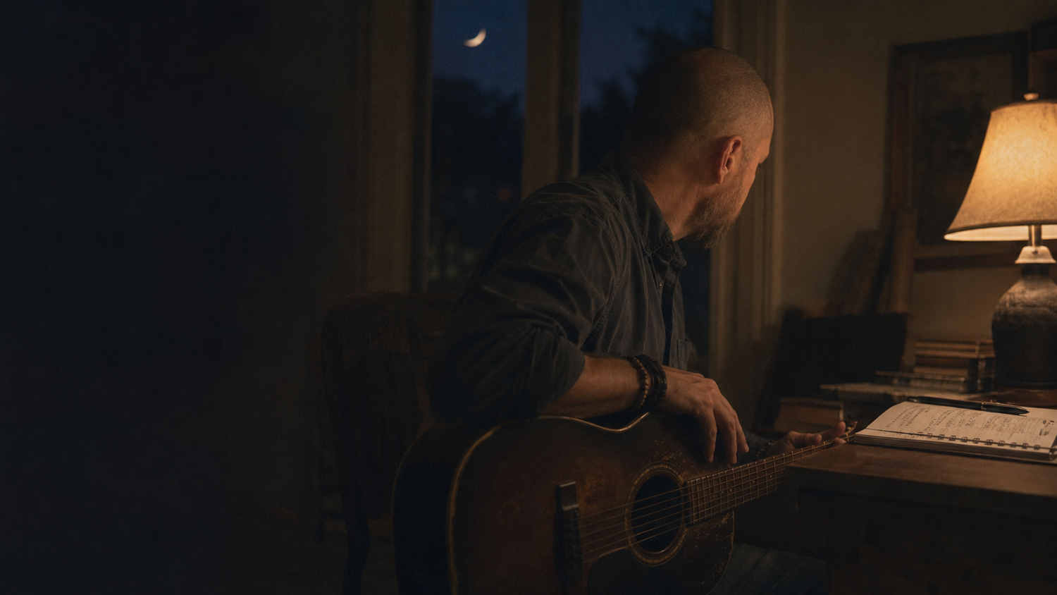 A lamplit Florida living room at dusk — quiet, intentional space arranged for a Brad Floyd home concert