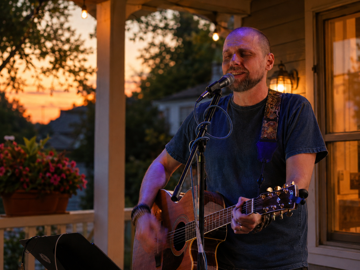 Brad Floyd performing acoustic guitar at sunset on a string-lit Florida porch — intimate house concert atmosphere