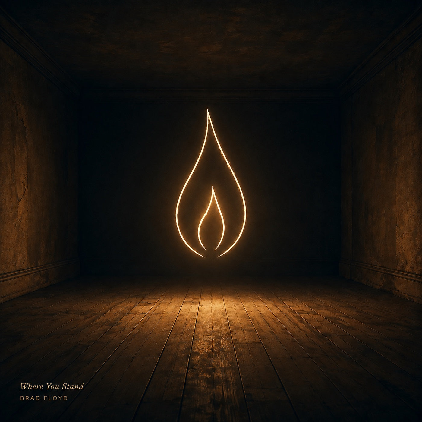 Cover art for Where You Stand by Brad Floyd. A drawn flame glowing in an empty wooden room.